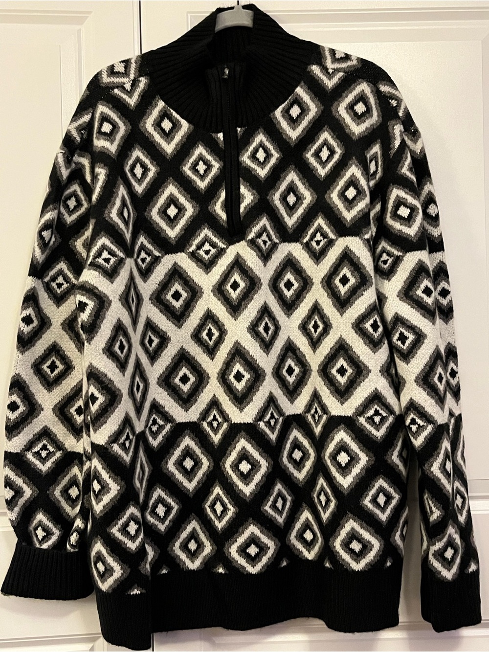 Black & White Geometric Half-Zip Turtleneck Sweater